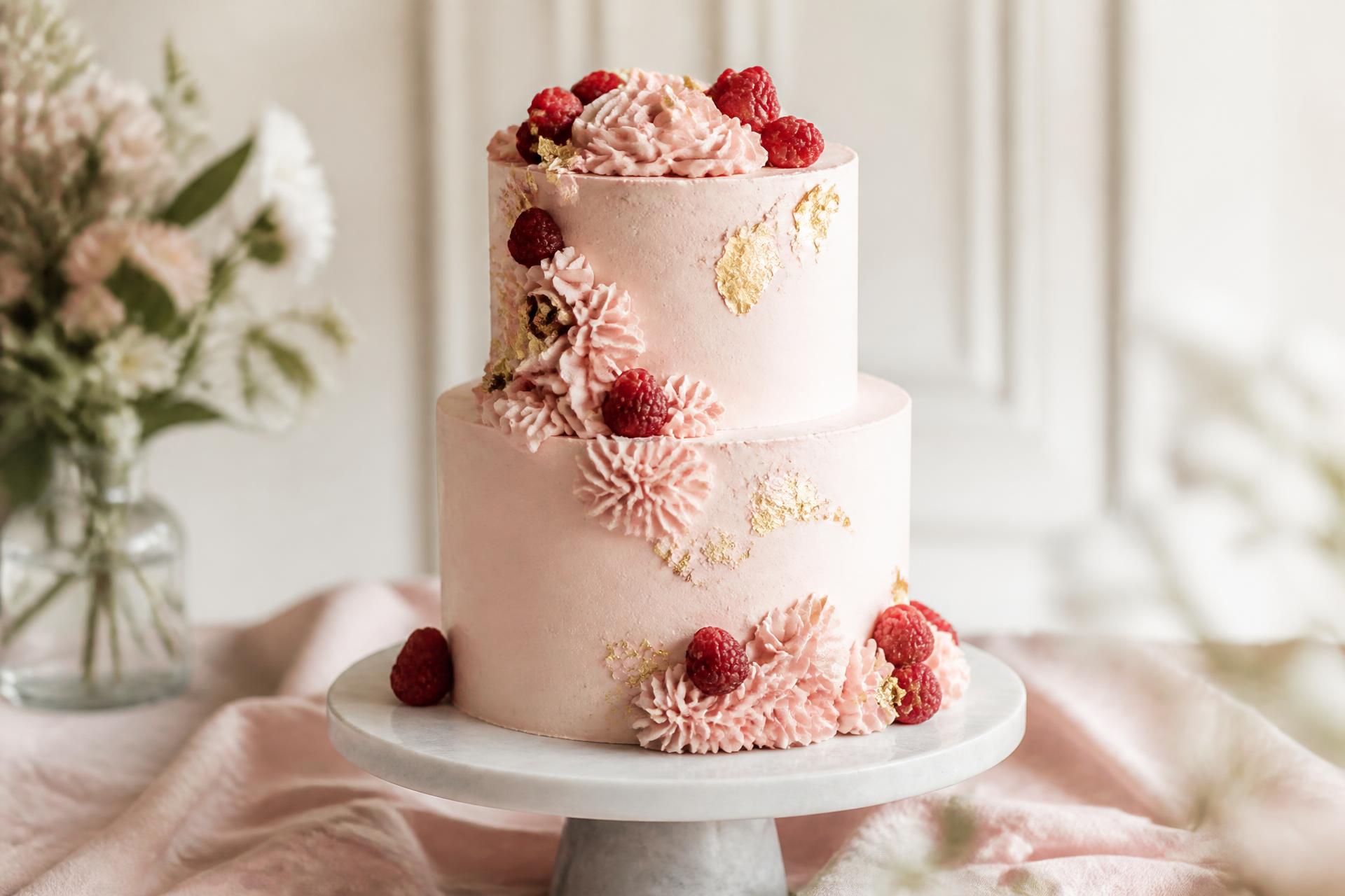 Two-tier blush pink celebration cake decorated with sugar roses